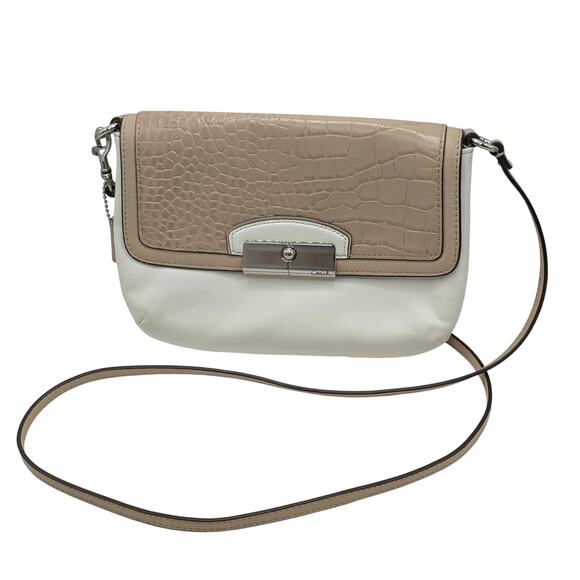 COACH Kristin Leather Flap Croc Embossed Handbag Crossbody Bag Beige Cream - Picture 1 of 12